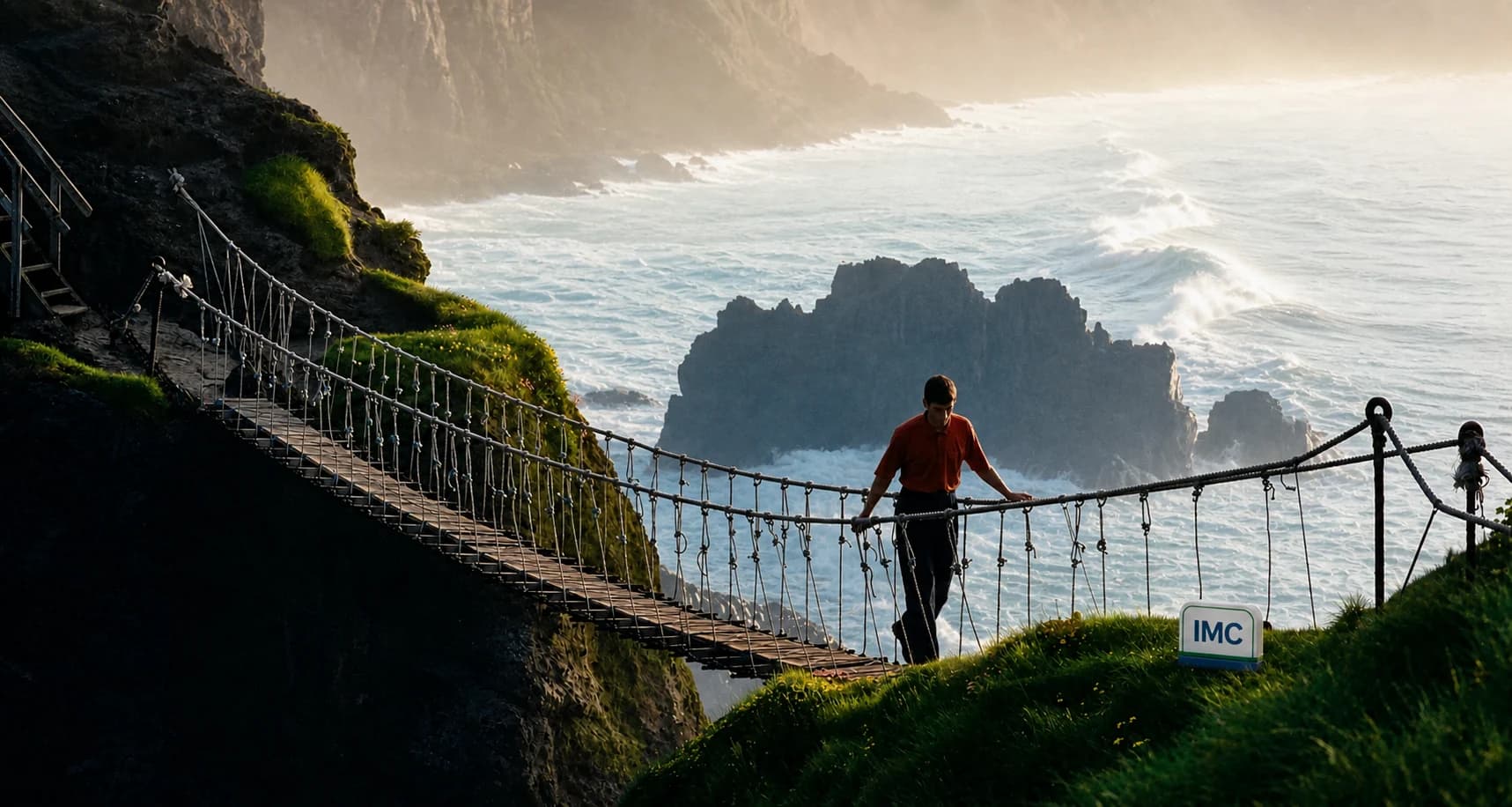 Puente de Carrick-a-Rede con una pequeña señal de IMC en la hierba