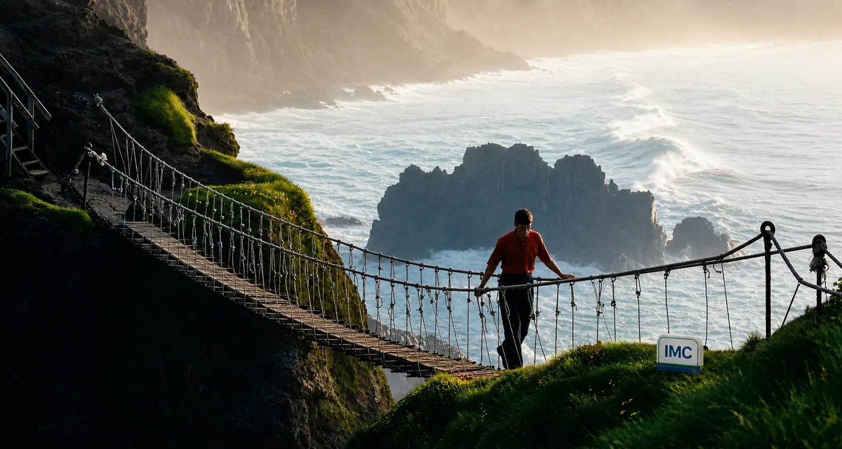 Puente de Carrick-a-Rede con una pequeña señal de IMC en la hierba