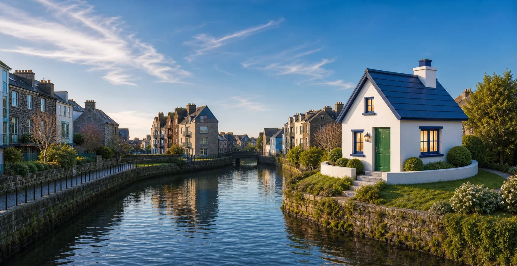 Canal de Galway con una casa irlandesa acogedora integrada en la escena